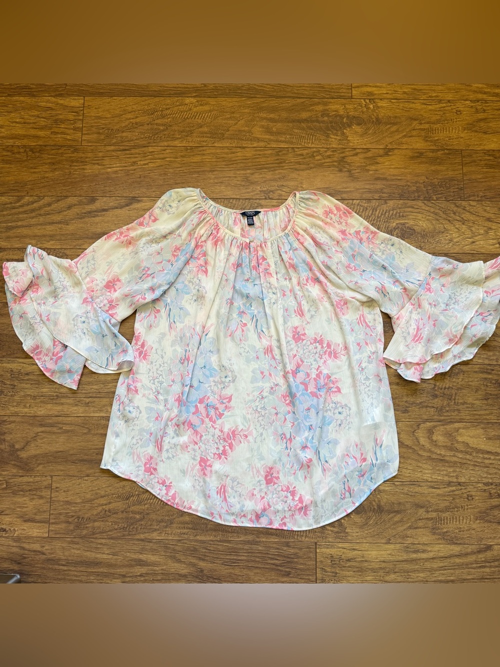 Chaps Floral Ruffle Sleeve Sheer Blouse Womens 1X Pastel Pink Blue